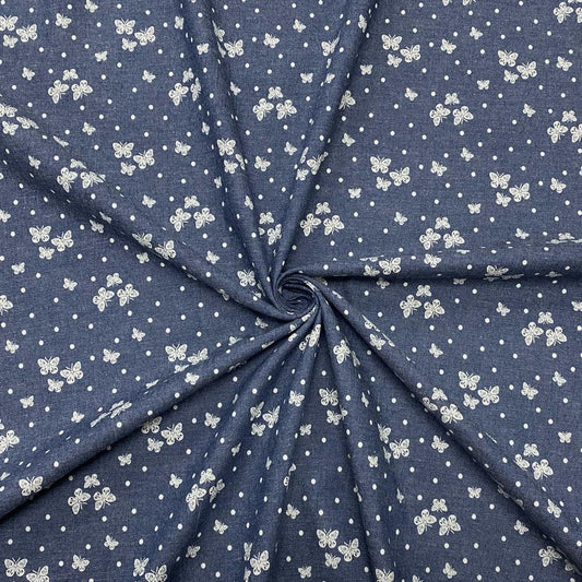 Mini Butterflies and Dots Chambray Denim Fabric
